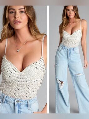 NEW Windsor Bodysuit Size M White Pearl Sequin Bridal Bachelorette Party Date